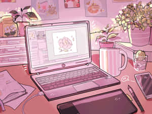 粉紅色插圖書桌與筆記型電腦繪圖軟體和植物 — 粉紅動漫美學 壁紙