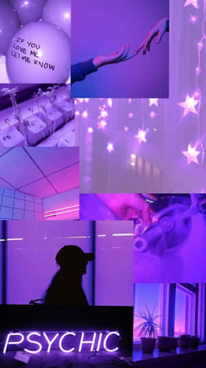 紫色主題拼貼，包含手寫氣球、星光和一個霓虹靈媒標誌。