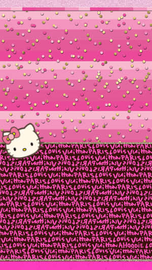 Hello Kitty標誌在粉紅色漸變上，帶有金色紙屑和重複的Louis Vuitton文字。