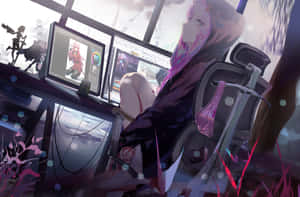 動漫女孩坐在電競椅上，在桌子上用顯示器創作數位藝術。