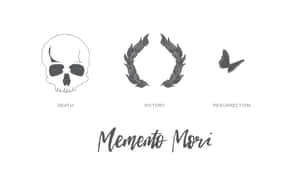 三個象徵死亡、勝利和復活的圖標，附有Memento Mori文字。