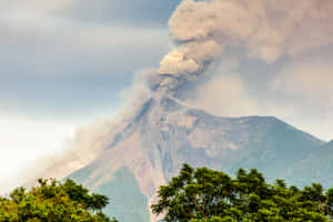 火山爆發，煙霧在綠樹上方升起。 — 紅色山脈 壁紙