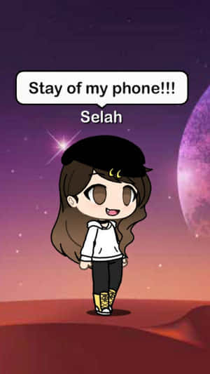 戴貝雷帽的動漫女孩在外星行星上，對話框寫著「Stay of my phone!!!」 — Gacha life GIF 壁紙
