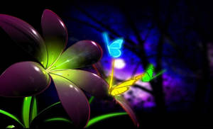 在黑暗森林場景中，一朵發光的紫色花朵與霓虹蝴蝶。