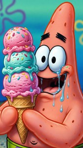 Patrick Star 開心地在吃一個正在融化的雪糕筒，上面有彩虹糖粒。
