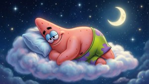派大星在滿天星斗的夜空下，伴著新月，睡在雲上。