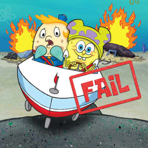 海綿寶寶和派大星在一艘標有「FAIL」的火焰船中在水下。