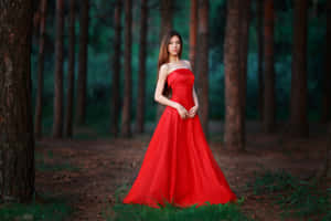 紅裙女士站在暮色中的松林裡