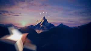 一顆閃爍的星星和飛機在黃昏時分飛越雪山。