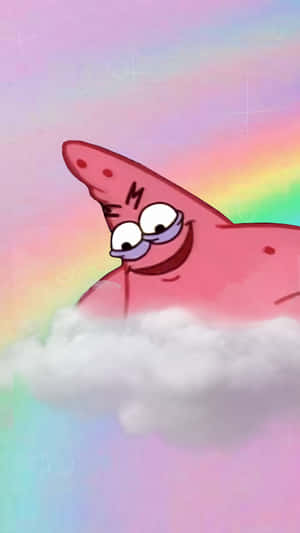 戴眼鏡的粉紅色海星在彩虹天空下的雲上微笑。