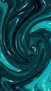 光滑的青綠色和黑色液體形成動態抽象圖案。