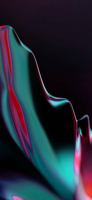 黑色背景上帶有紅色和藍綠色亮點的光澤抽象流動形態 — OnePlus 壁紙