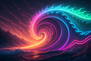 一道發光的霓虹波浪在黃昏天空下戲劇性地捲曲，下方有火紅的雲彩。 — 未來風格動態圖 壁紙