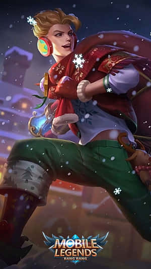 動漫遊戲角色穿著冬季裝備，在雪中跳躍，手持發光武器。