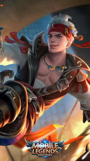 Mobile Legends Bang Bang 白髮戰士，戴著紅色頭帶，揮舞著發光武器。