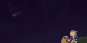 兩個卡通朋友在滿天星斗的夜空中觀看流星。