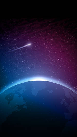 一顆彗星在夜晚的地球彎曲地平線上方劃過星空。