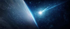 彗星在繁星點點的夜空中掠過地球。 — 2560x1080 壁紙