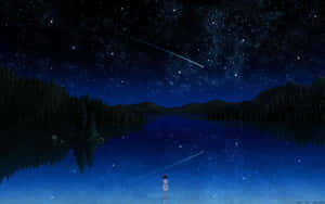 一個女孩凝視著流星劃過星光燦爛的湖面。