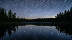 夜晚湖面倒映的星軌，周圍環繞著松樹。 — 夢境 GIF 壁紙