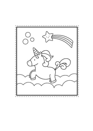 一隻微笑的獨角獸在流星下奔跑在雲端上，流星有彩虹尾巴和漂浮的泡泡。 — iPad 壁紙