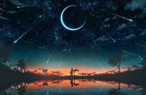 一個人的剪影在湖邊，星空下，有流星和新月。