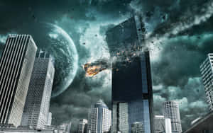 一座城市摩天大樓爆炸，流星穿過暴風雨的天空，可以看到一顆行星。 — 城市 壁紙