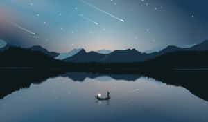 星空湖上划獨木舟的人，山巒倒影和流星。