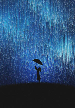 在藍色數碼雨效果下撐傘的人的剪影。