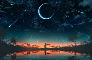 一個人在湖邊的剪影，背景是滿天星斗、流星和彎月的夜空。