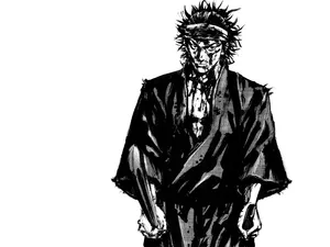 一個血跡斑斑的武士戰士,身穿傳統長袍,手持劍,表情兇猛。