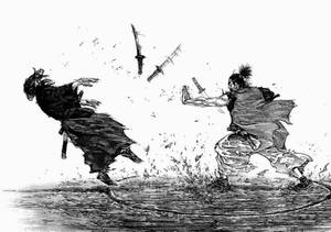 兩個武士戰士在濺水場景中用劍戰鬥。