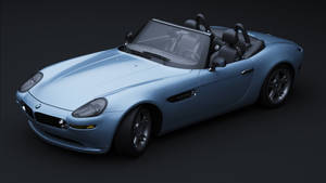 淺藍色BMW Z8開篷跑車，黑色內飾，深色背景。