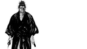 身穿黑色長袍的武士在白色背景上持劍。