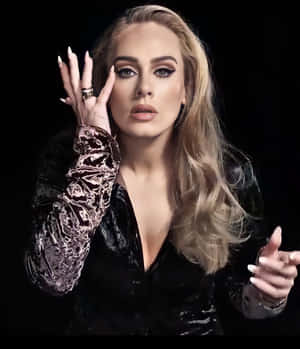 Adele 穿著黑色天鵝絨服裝，戴著手套和戒指，在黑色背景前擺姿勢。