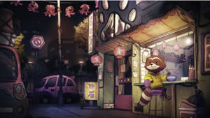 浣熊在夜晚粉紅色燈籠下發光的街頭小吃攤吃麵條。