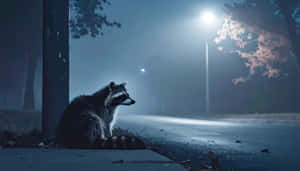 一隻浣熊在夜間坐在街燈下的人行道上，背景有霧和櫻花。 — 夜晚 GIF 壁紙