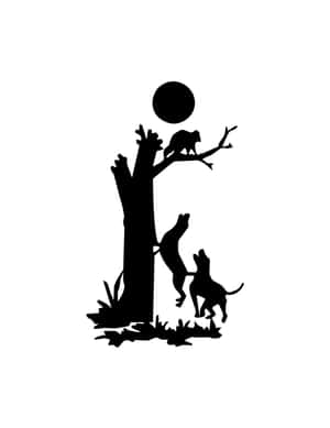 滿月下樹周圍動物的黑色剪影。