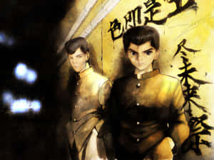 兩個穿著棕色制服嘅動畫男孩夜晚企喺黃色牆前面，牆上有日本書法。