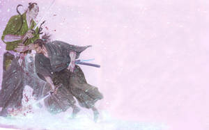 兩名武士在雪景中戰鬥，鮮血飛濺。