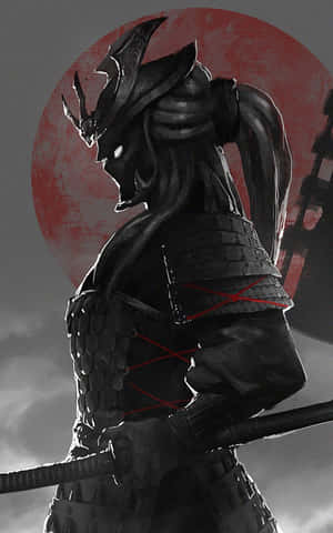 黑甲武士在紅月下持劍