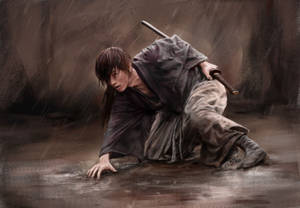 武士戰士跪在泥濘的雨中握著劍 — 反派出久 壁紙