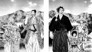 山地景觀中的武士與同伴漫畫面板