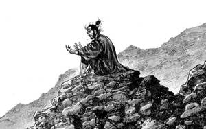 武士獨自在山脊上冥想，一幅詳細的黑白插圖。