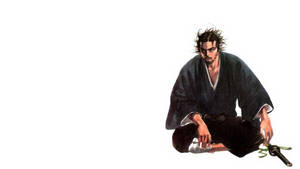 身穿深色長袍的武士，眼神凌厲，手持武士刀。