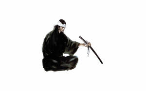 武士跪著手持刀劍，背景為白色。
