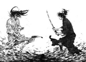 兩位武士戰士在湍急的水中戰鬥，頭髮隨風飄揚。