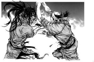 兩位武士戰士陷入激烈的劍鬥，頭髮飄逸，墨水飛濺。