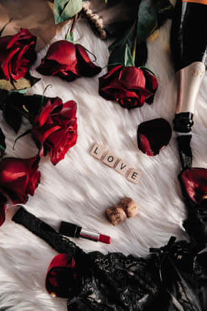 紅玫瑰、黑色蕾絲和香檳瓶圍繞著白色毛皮上的「LOVE」字樣排列。