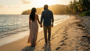 一對情侶手拖手在日落時分的沙灘上漫步，背景有棕櫚樹和海洋波浪。